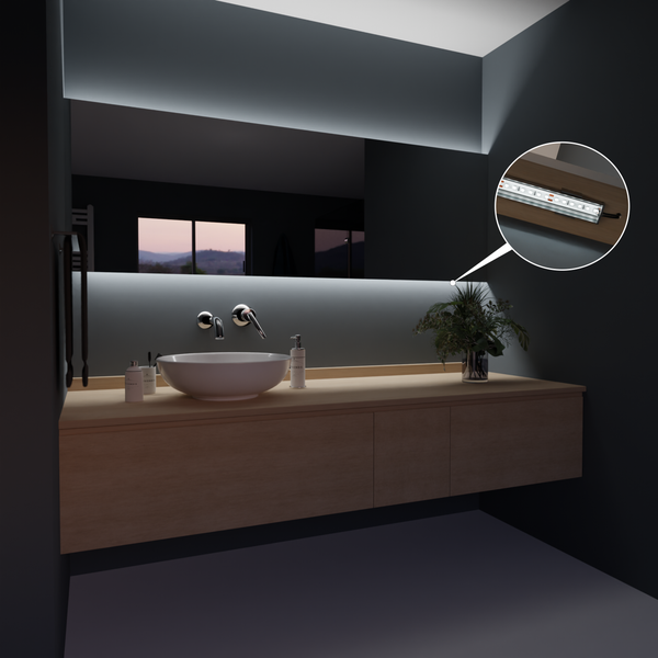 Modernes Badezimmer mit Spiegel, Waschbecken, Holzunterschrank und LED Beleuchtung