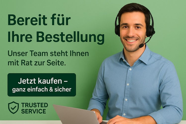 Ein Mann mit Headset lächelt, Text: Bereit für Ihre Bestellung, Unser Team steht Ihnen mit Rat zur Seite, Jetzt kaufen – ganz einfach und sicher, Trusted Service