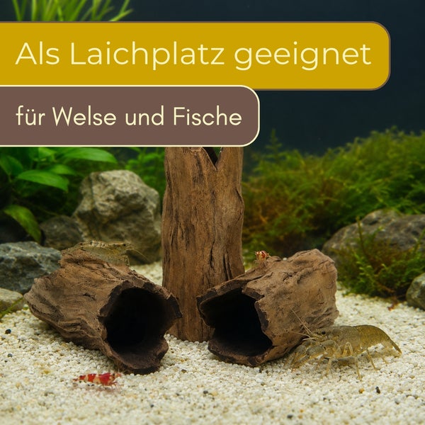 Aquariumdekoration in Form von hohlen Baumstämmen, geeignet als Laichplatz und Versteck für Fische, Welse und Garnelen.