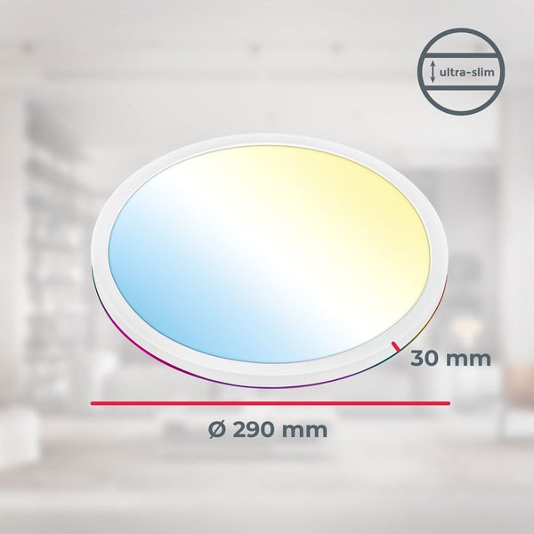 Ultra-flaches rundes LED-Panel mit einem Durchmesser von 290 Millimeter und einer Höhe von 30 Millimeter, mit einstellbarer Farbtemperatur.
