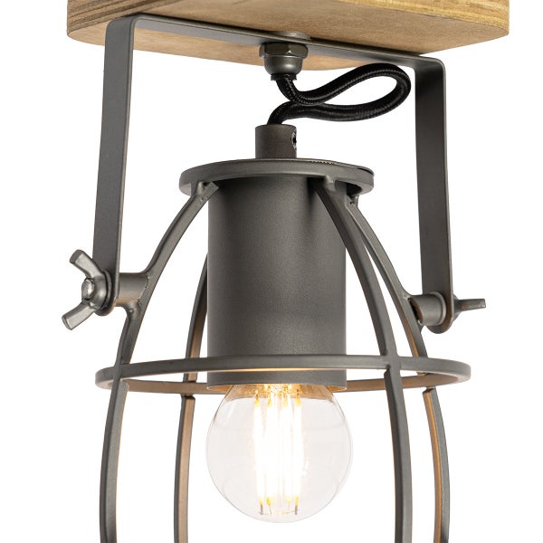 Moderne Deckenleuchte im Industrial Stil mit Metallkorb und Holzelement für Innenräume