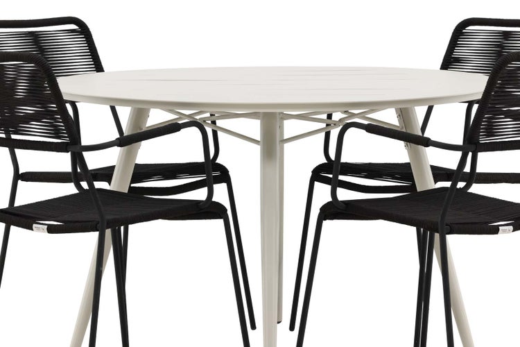 Lina Gartenset Tisch Ø120cm beige, 4 Stühle Lindos schwarz. 120 X 120 X 74 cm