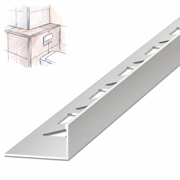 Fliesenprofil aus Metall mit Lochstanzung zur Kantenbearbeitung an Wand und Boden mit Anwendungsbeispiel in einer Skizze.