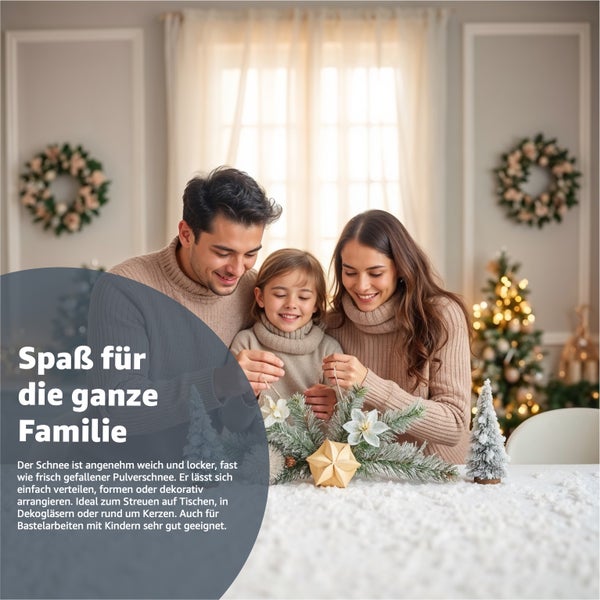 Familie dekoriert Tisch für Weihnachten mit Kunstschnee und Dekorationen.