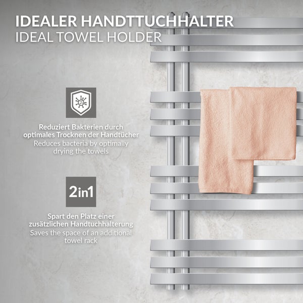 LuxeBath Badheizkörper Iron EM 500x1000 mm Chrom Mittelanschluss Anschlussgarnitur Thermostat Universal Eck- und Durchgangsform, Design Heizkörper Handtuchwärmer Handtuchtrockner Handtuchheizkörper