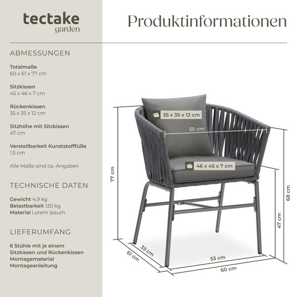 Stuhlset tectake Valeiras 60 x 61 x 77 cm Geflecht im Rope-Design dunkelgrau/dunkelgrau