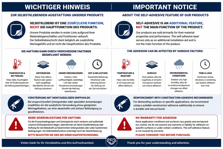 Infografik zu selbstklebenden Produkten: Hinweise zu Haftung, Einflussfaktoren wie Temperatur, Montage mit Montagekleber und Gewährleistung.