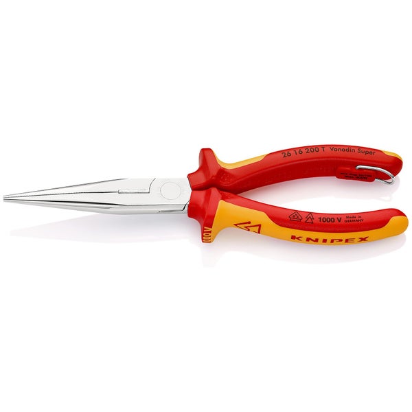 Knipex Flachrundzange mit Schneide/Befestigungsöse verchromt, isoliert mit Mehrkomponenten-Hüllen, VDE-geprüft; mit integrierter isolierter Befestigungsöse zum Anbringen einer Absturzsicherung 200 mm - 2616200TBK