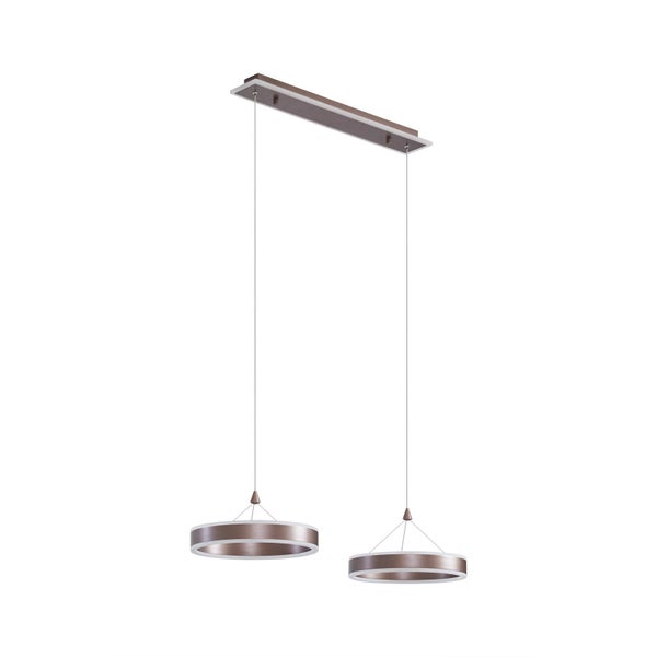 Pendelleuchte mit zwei runden Ring-Elementen in Kaffeebraun an einer rechteckigen Deckenbefestigung.