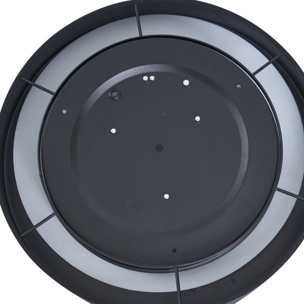 Rückansicht einer runden LED-Deckenleuchte mit schwarzem Metallgehäuse und Montageplatte.