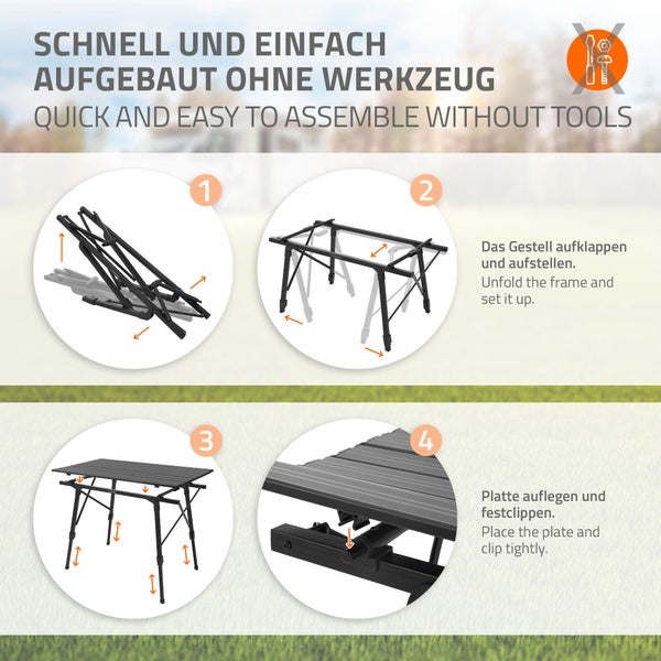 ML-Design Campingtisch faltbar Schwarz, 90x51,5cm, Aluminium Klapptisch höhenverstellbar 46-66,5 cm, Belastbarkeit 30kg, Aufrollbare Tischplatte, Falttisch klappbar, Gartentisch Balkontisch Reisetisch
