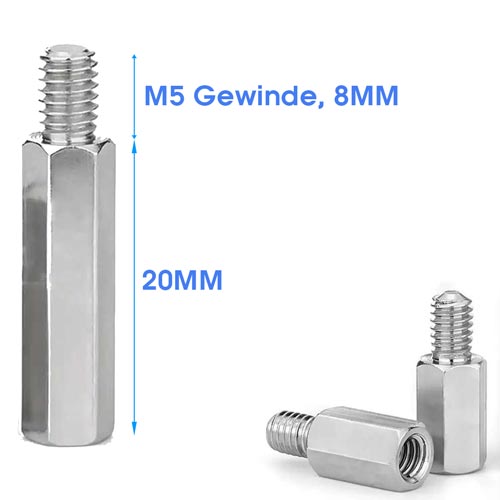 Sechskant-Abstandsbolzen aus Metall mit M5-Gewinde, 20 Millimeter Körperlänge und 8 Millimeter Gewindelänge.