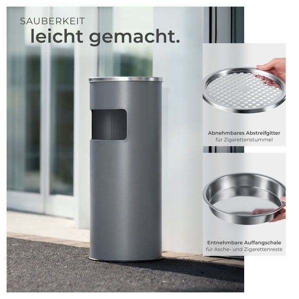 Grauer Standaschenbecher mit Mülleimer aus Metall, inklusive abnehmbarem Abstreifgitter und entnehmbarer Auffangschale für Asche.