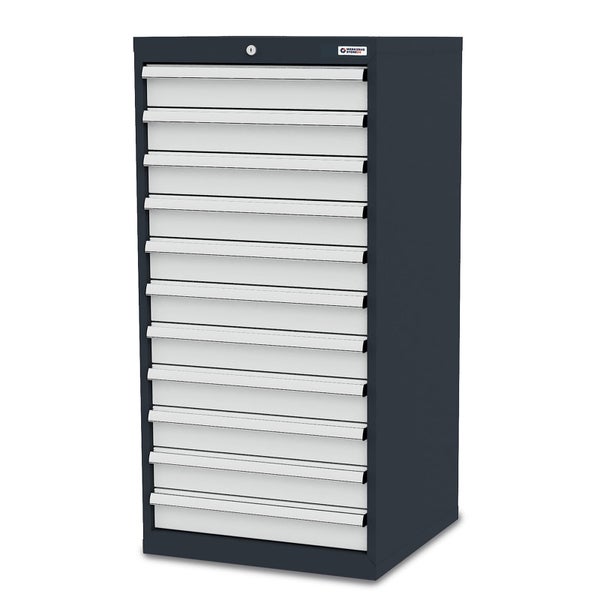 Anthrazitfarbener Werkzeugschrank aus Metall mit zwölf grauen Schubladen, abschließbar.