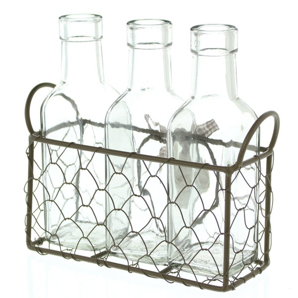 FRANK FLECHTWAREN | Vasenkörbchen Romance, 4tlg., METALL, GLAS, Korb 16 x 6 x 8 cm, Flasche 5 x 5 x 16 cm