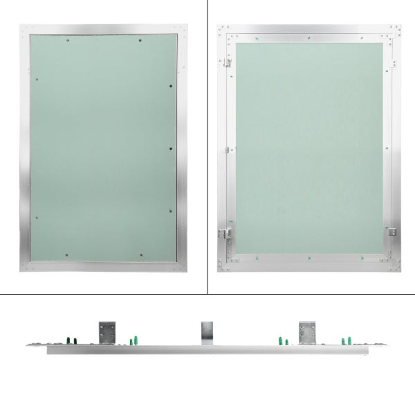Revisionstür mit Aluminiumrahmen und grüner Gipskarton-Einlage, Ansicht von vorne, hinten und von der Seite.