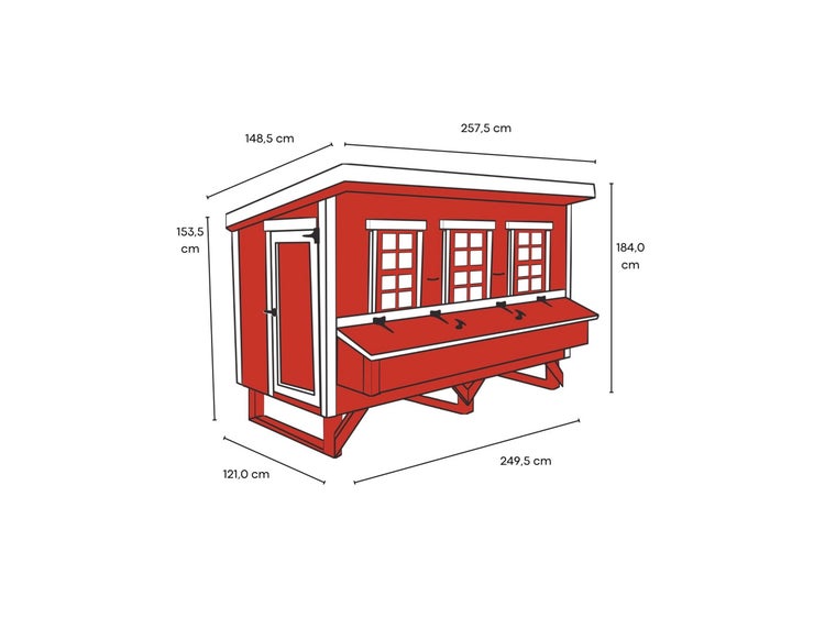 Roter Hühnerstall aus Holz mit weißen Akzenten, drei Fenstern und Legenestern in einem Garten unter einem blühenden Baum.