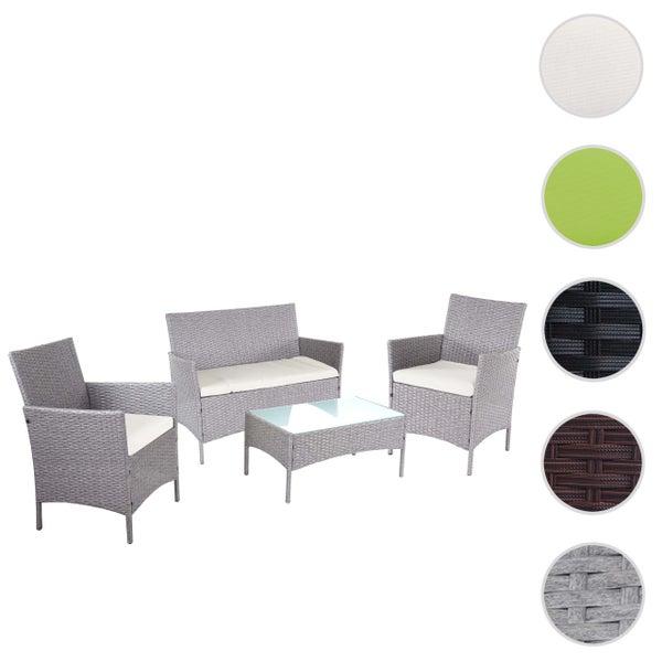 Graues Polyrattan Garten-Lounge-Set bestehend aus einem Zweisitzer-Sofa, zwei Sesseln und einem Couchtisch mit Glasplatte inklusive Sitzkissen.