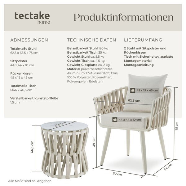 Infografik mit Produktinformationen und Abmessungen eines Sitzgruppen Sets bestehend aus zwei Stühlen und einem Beistelltisch von Tectake Home.