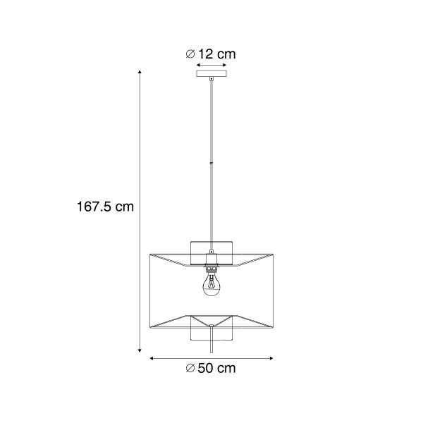 Maßzeichnung einer Pendelleuchte mit Höhe 167,5 Zentimeter, Schirmdurchmesser 50 Zentimeter und Baldachindurchmesser 12 Zentimeter.