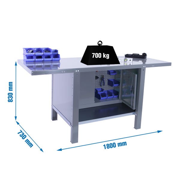 Werkbank BUFFALO METAL mit Schrank | HxBxT 83x180x73cm | Traglast 700kg | Grau