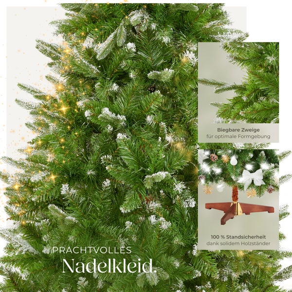 Künstlicher Weihnachtsbaum mit beschneiten Zweigen, biegbaren Ästen zur Formgebung und stabilem Holzständer für einen sicheren Halt.