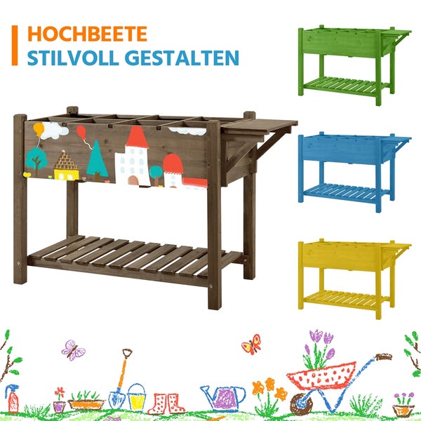Verschiedene Ansichten eines Hochbeets mit Ablagefläche und kindgerechter Bemalung