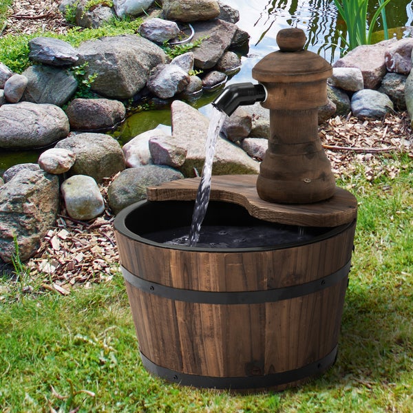 Gartenbrunnen aus Holz mit Wasserhahn, Höhe 37 cm
