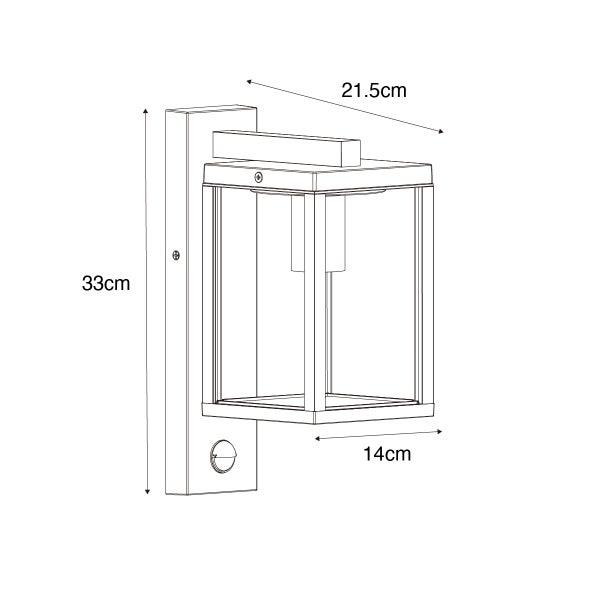 Außenwandleuchte mit Bewegungsmelder, Höhe 33 Zentimeter, Tiefe 21,5 Zentimeter, Breite 14 Zentimeter.