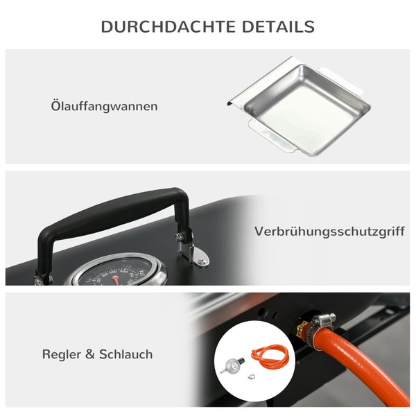 Outsunny Gasgrill 2,34 KW Klappbar BBQ Gartengrill inkl 2 Edelstahl-Brenner Druckminderer Gasschlauch Deckel Thermometer, 2 Heizzonen, Camping-Grill für Balkon, 66 x 34,5 x 37 cm