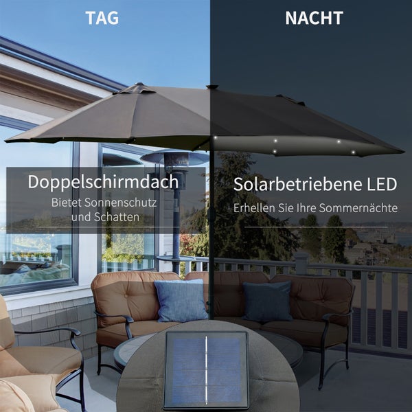 Outsunny Sonnenschirm mit LED Doppelsonnenschirm 440 x 260 cm Gartenschirm Marktschirm groß Terrassenschirm mit Handkurbel Oval Metall Dunkelgrau
