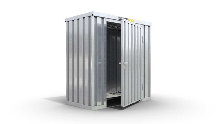 Lagercontainer Gerätehaus XS  – 2 qm, H2115 x B2100 x T1140 mm, verzinkt, ohne Fußboden, 1270 mm Einflügeltür mittig in Breitseite, zerlegt