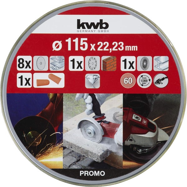KWB Trennscheiben + Diamant-und Schleifscheibe, Ø Dünn Winkelschleifer 115 mm Trenn-Scheibe f. Edel-Stahl INOX in Aufbewahrungs-Dose inkl. Ohrstöpsel ABM. 115 x 1 x 22,23, Ø