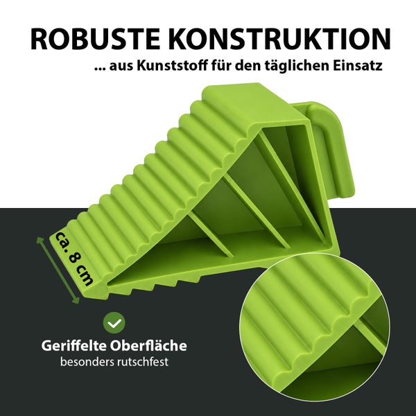 Unterlegkeil aus Kunststoff für Fahrzeuge mit geriffelter Oberfläche und einer Höhe von circa 8 Zentimetern zur sicheren Fixierung.