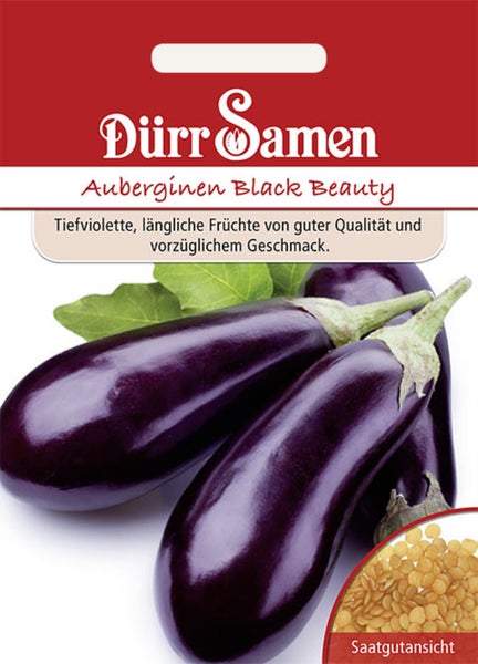 Samentüte für Auberginen Black Beauty mit Dürr Samen Logo, Abbildung der dunkelvioletten Früchte und einer Detailansicht der Samen.
