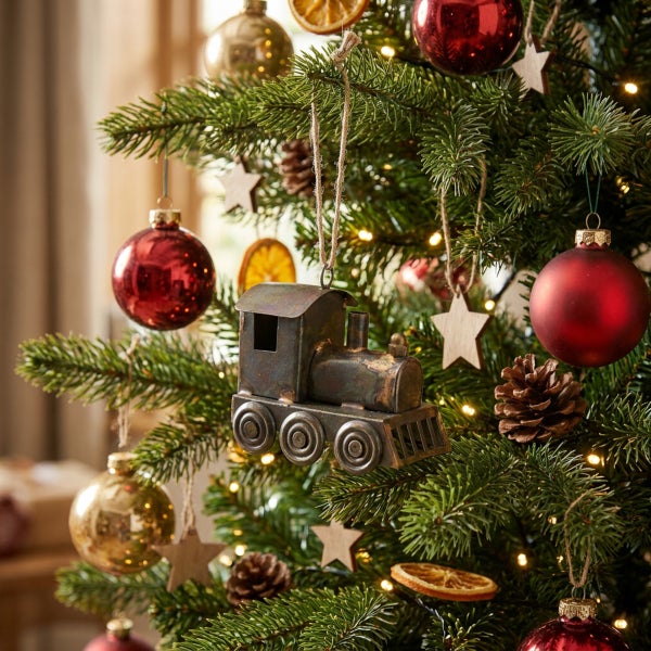 Weihnachtsbaumanhänger Lokomotive aus Metall am Weihnachtsbaum mit Kugeln und Sternen