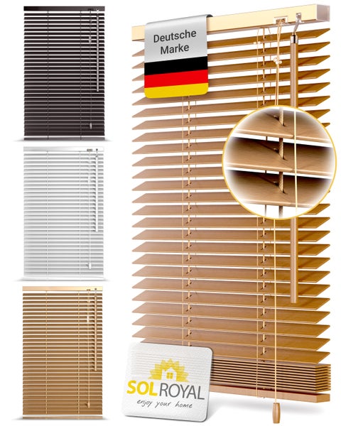Holzjalousie von Sol Royal mit Drehstab und Zugschnur zur einfachen Lichtregulierung inklusive Gütesiegel Deutsche Marke.