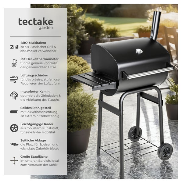 Holzkohlegrill tectake  85 x 48 x 123 cm mit 2 Rädern schwarz