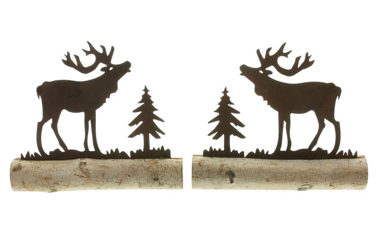 Dekorative Hirsch- und Tannenbaumfiguren auf Birkenholzsockel
