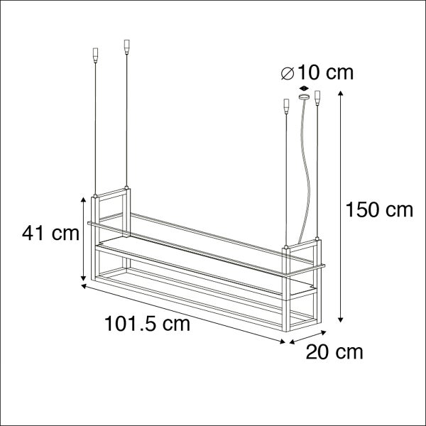 Technische Zeichnung einer Hängeleuchte mit Regal, Abmessungen: 101,5 cm breit, 41 cm hoch, 20 cm tief, Lampenschirmdurchmesser 10 cm, Aufhängung 150 cm lang.