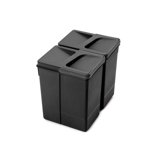 Zwei schwarze Abfalleimer aus Kunststoff zur Mülltrennung mit Deckel.