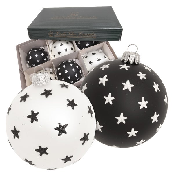 Kugeln Sterne, Weiß & Schwarz Satin, 8cm, 6 Stck., Weihnachtsbaumkugeln, Christbaumschmuck, Weihnachtsbaumanhänger