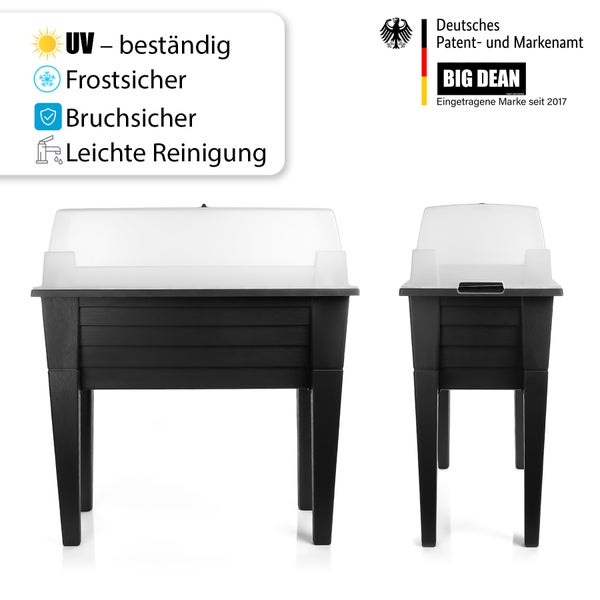 Zwei schwarze Hochbeete mit transparentem Deckel. Das Symbol UV-beständig, das Symbol Frostsicher, das Symbol Bruchsicher, das Symbol Leichte Reinigung und Big Dean Logo sind abgebildet.