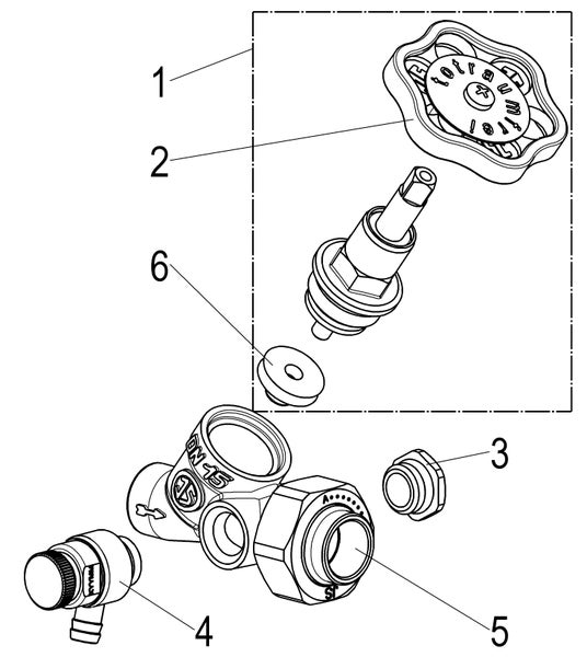 Explosionszeichnung eines totraumfreien Schrägsitzventils mit nummerierten Einzelteilen wie Handrad, Oberteil, Dichtung und Ventilgehäuse.