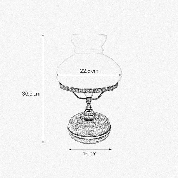 Skizze einer Tischleuchte mit Maßangaben: Höhe 36,5 cm, Schirmdurchmesser 22,5 cm, Basisdurchmesser 16 cm