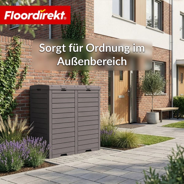 Außenaufnahme einer Gerätebox zur Aufbewahrung im Gartenbereich.