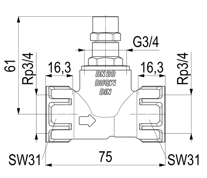Technische Zeichnung einer Armatur mit Nennweite 20, Anschlüssen in 3/4 Zoll, Maße 75 mal 61 Millimeter, zertifiziert nach Trinkwasser- und Industrienormen.