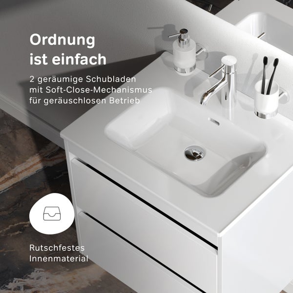 Weißer Waschtisch mit zwei Schubladen und Soft-Close-Mechanismus
