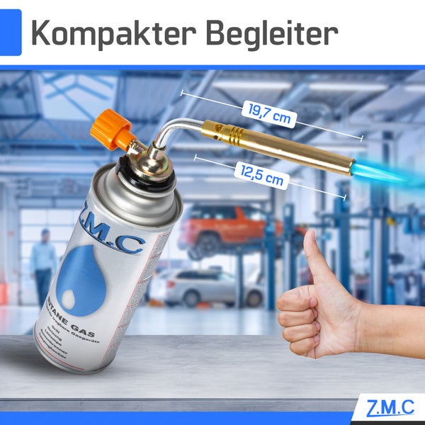 Z.M.C ALLZWECKBRENNER Gasbrenner 1,65 kW + 8x Gaskartuschen 227g, Lötbrenner bis zu 1371 °C, Schweißbrenner Bunsenbrenner mit einstellbarer Flamme, Abflammgerät Lötlampe ideal für Werkstatt