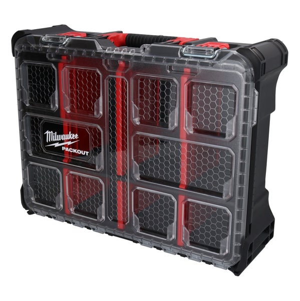Milwaukee Packout Organizer mit transparentem Deckel und Trennfächern für Kleinteile.